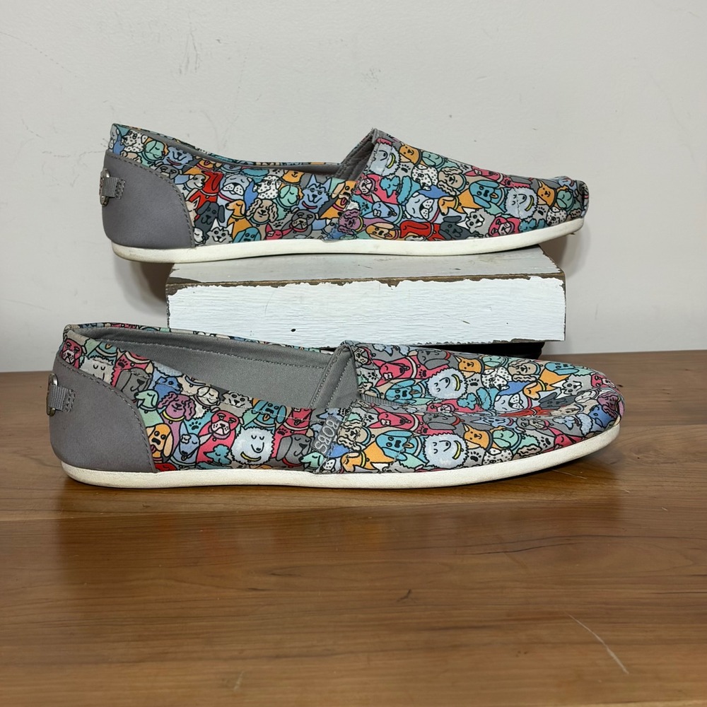 Skechers BOBS for Dogs Multi-Color Cartoon Dog Print Slip-On Flats Women 9
